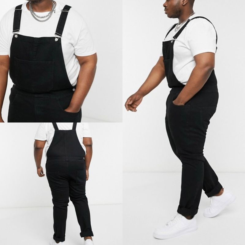 Fashionable men's shoulder strap denim jumpsuit torn from jeans and pants_voghion.com