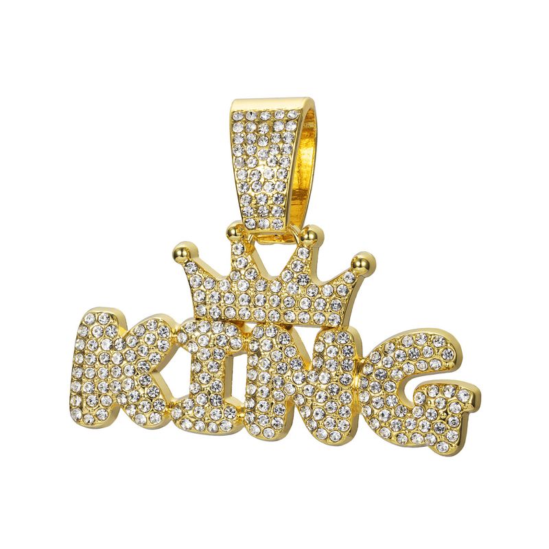 KING Letter Crown Pendant - Alloy Full Diamond Charm, Compatible With Cuban Chain Necklace (Wholesale Available)_voghion.com