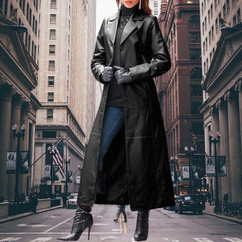 Giacca in pelle con bottoni per abbigliamento donna, cappotto lungo da donna, vestibilità attillata, giacca a vento in pelle di grandi dimensioni_voghion.com