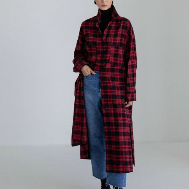 Manteau coupe-vent pour femme, nouvel article printemps-automne, chemise japonaise et coréenne simple à grille ample avec fente latérale, style mi-long_voghion.com
