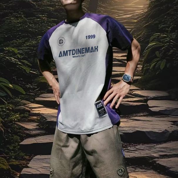 American Style Color-Block Shoulder Short Sleeve T-Shirt Patchwork Basketball Training Sports Summer Round Neck Running_voghion.com