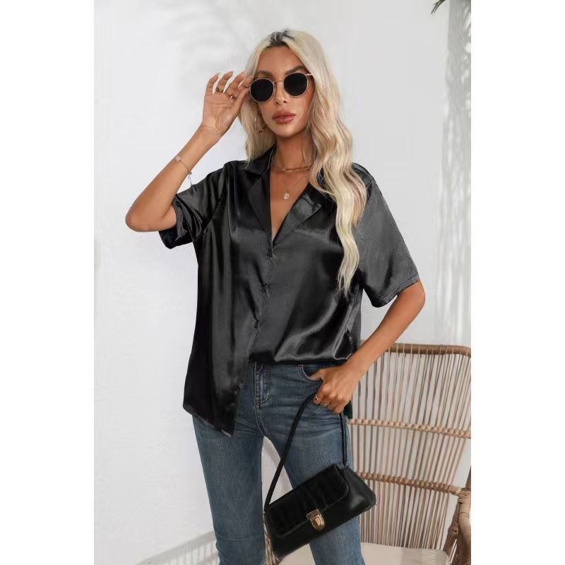Camicia a maniche corte in raso imitazione seta femminile con colletto in raso caldo e vero e proprio Xia Xin_voghion.com