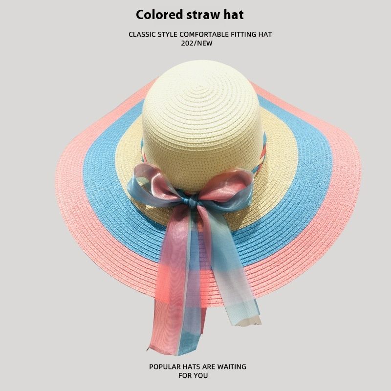 Pdmcms Damen-Strohhut im europäischen und amerikanischen Stil mit Farbblockierung, Spitzenband und großer Krempe, eleganter Sonnenschutz-Strandhut im Urlaubsstil_voghion.com