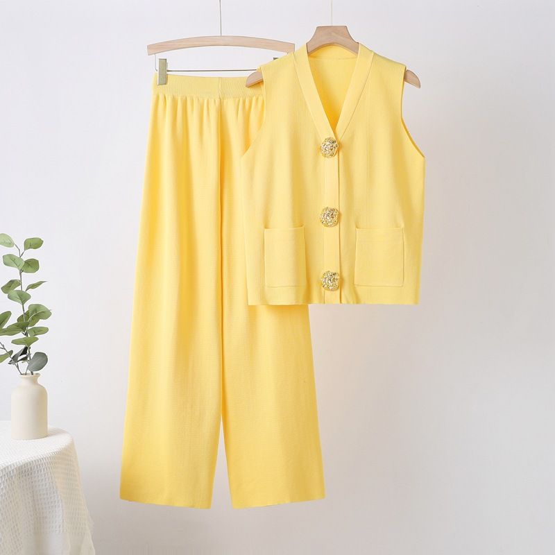 Women's Summer Knit Top & Wide Leg Pants Set – Sleeveless Button-Up & Flowy Trousers – One Size Fits All​​_voghion.com