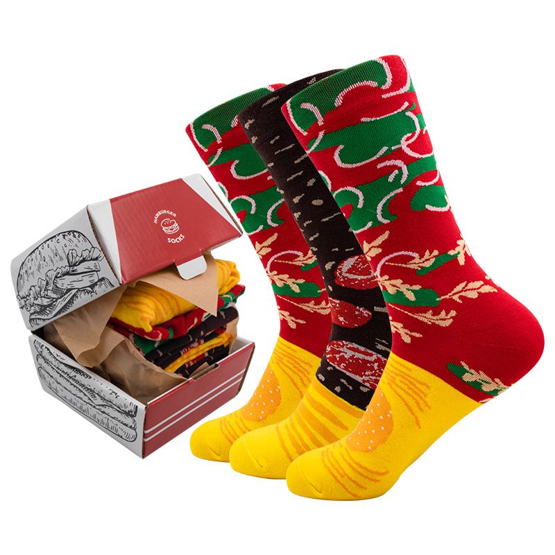 Socks popular hamburger socks creative cotton socks autumn and winter mid tube Christmas gift casual couple boxed socks_voghion.com
