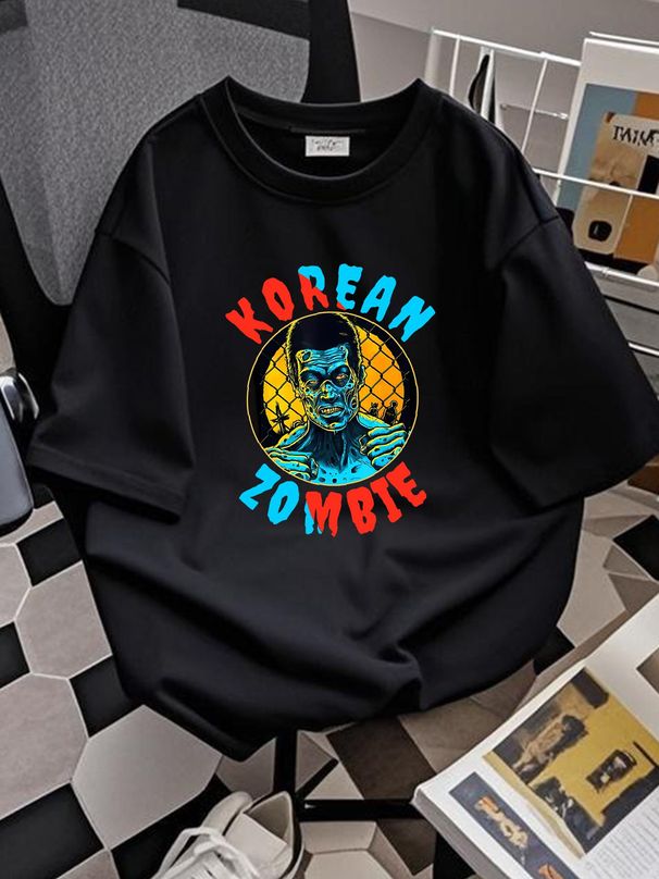 Maglietta divertente con stampa di zombi coreana, morbida ed elegante, stile streetwear, leggermente elasticizzata, grafica, traspirante, comoda, da uomo, abbigliamento firmato._voghion.com