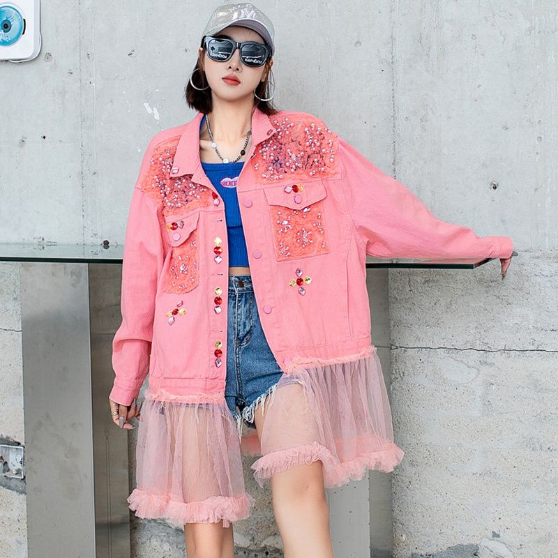 QING MO Women Heavy Industry Sequins Coat Loose Mid-length Color Diamonds Bead Splicing Mesh Denim Coat 2023 Autumn_voghion.com