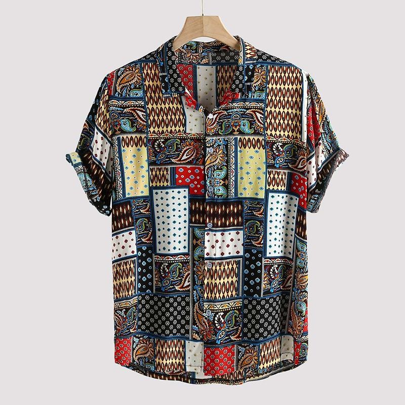 Ethnic style summer new men's beach linen printed short sleeved shirt_voghion.com