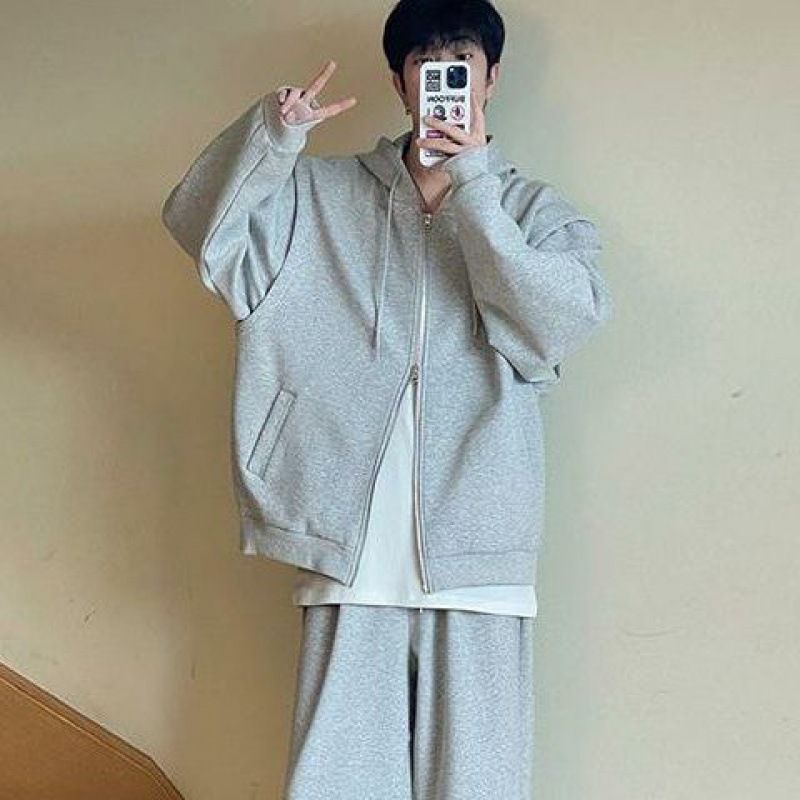 Terno esportivo casual elegante para homens, design solto, casaco cardigan, calças de perna larga, conjunto de duas peças moderno_voghion.com