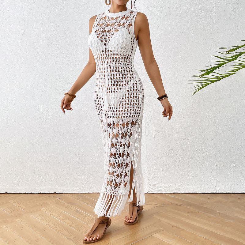 Women's Clothing Hollow Floral Beach Skirt Waist Strap Tassel Long Skirt Popular Beach Skirt_voghion.com