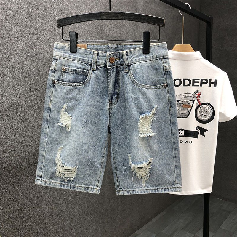 High end summer denim Korean version slim fit small leg shorts for men's trendy brand hole torn beggar five piece pants_voghion.com
