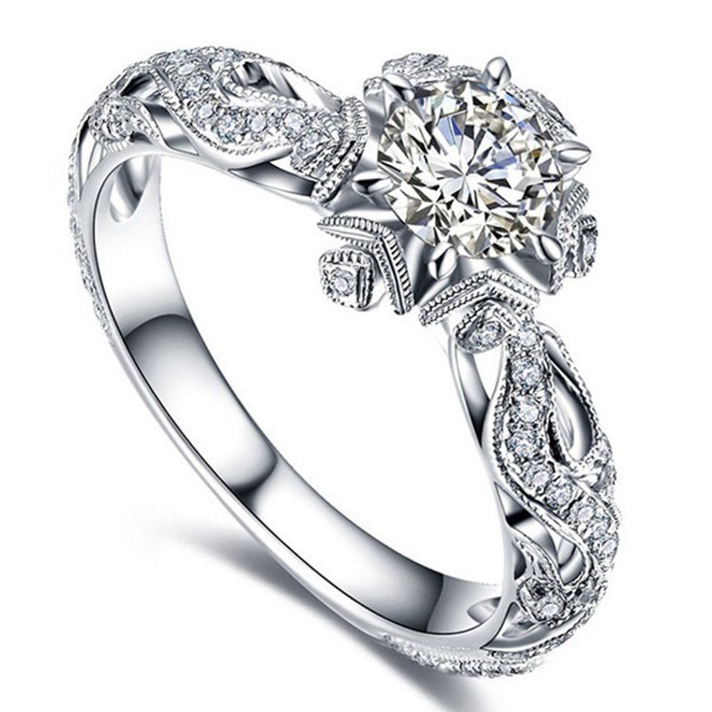 New Fashionable Elegant Flower Pattern Women's Wedding And Engagement Princess Diamond Ring_voghion.com