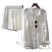 Women's Clothing White shirt linen suit loose large size cotton and linen shorts high-end texture long-sleeved shirt two-piece suit_voghion.com