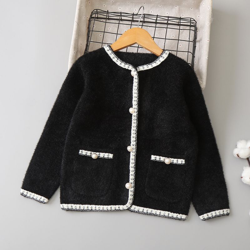 Weicher Strickpullover aus Nerzimitat für Mutter und Kind, gemütliche Winter-Strickjacke mit Stehkragen, gestreifter Langarmpullover für große Kinder (120–160 cm) – Creme/Schwarz_voghion.com