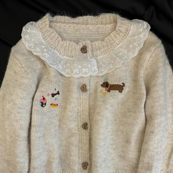 Cardigan in pizzo con giunture, ricamo autunnale da donna con cane, morbido e dolce, versatile maglione in maglia_voghion.com