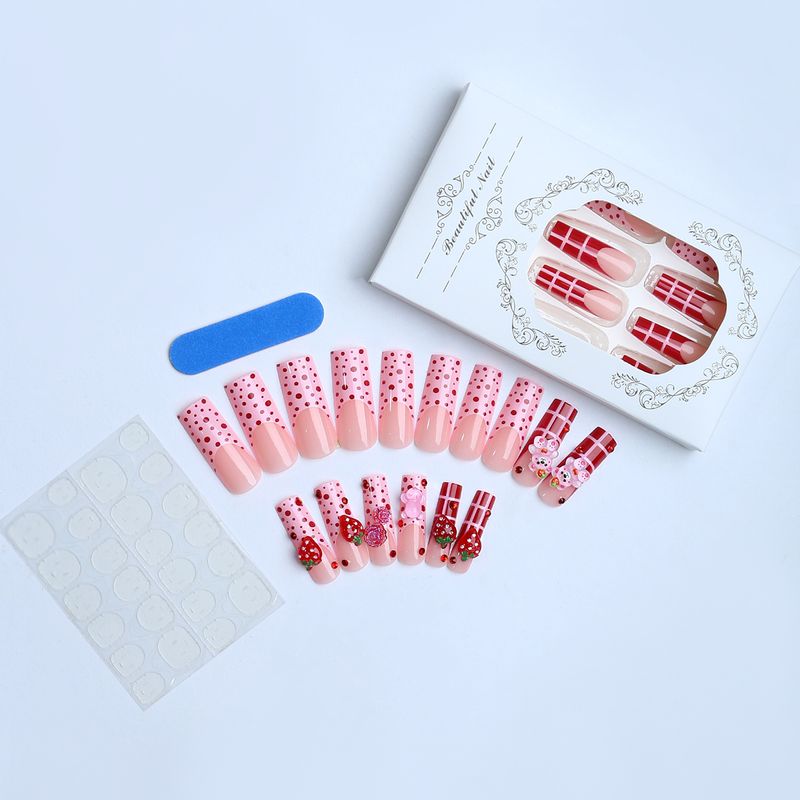 Giyilebilir Tırnak Uzatma Polka Dot Tırnak Sanatı Çapraz Kenar Pembe Sevimli Ayı Çilek Gül 3d Giyilebilir Tırnaklar_voghion.com