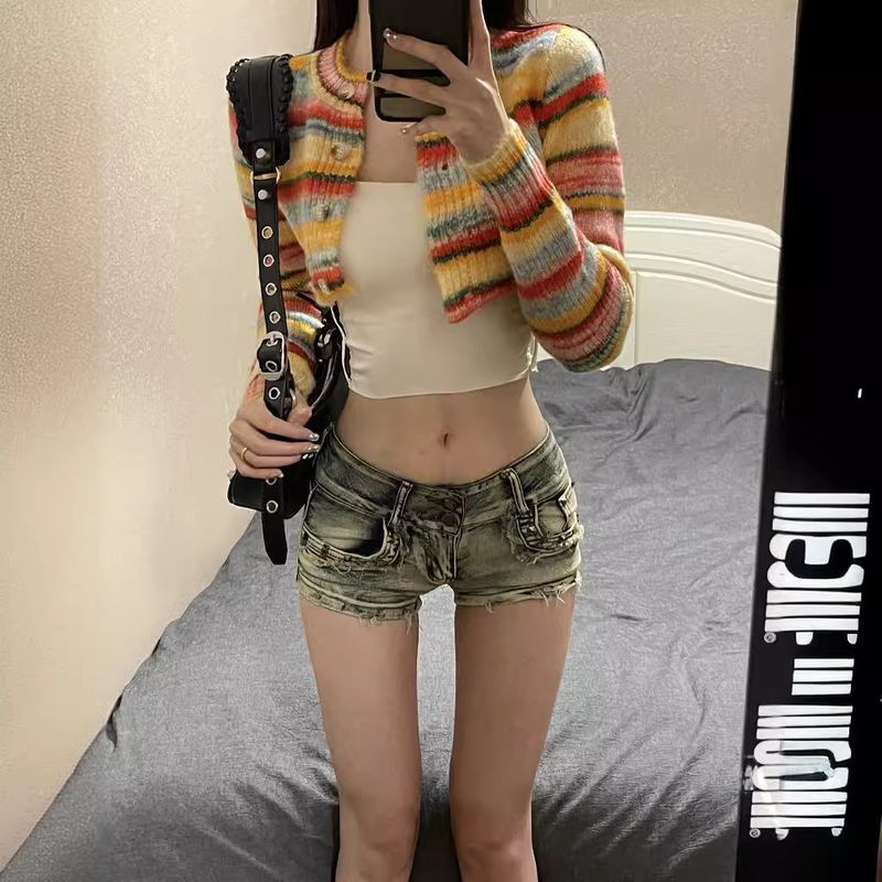 2025s Y2K American Style Spicy Girl Willow Ruffle Low Waist Denim Shorts 2025 New Women's Internet Celebrity Pants_voghion.com