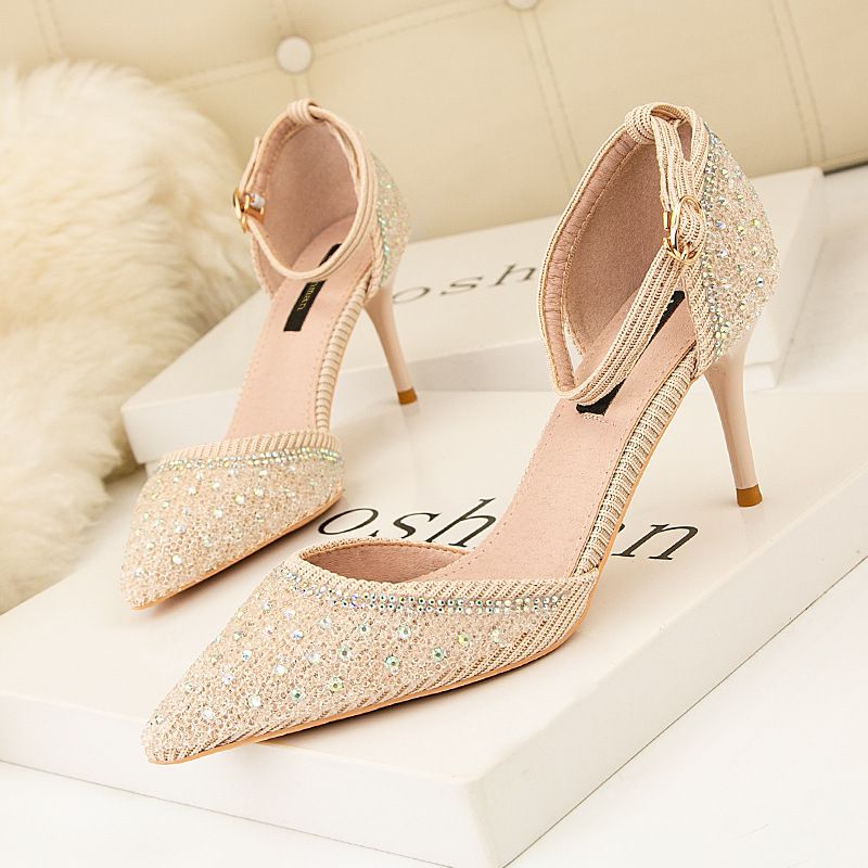 Women's Pumps style pointed toe high heels, feminine rhinestone stiletto heels, summer fashion fairy style one-strap sandals_voghion.com