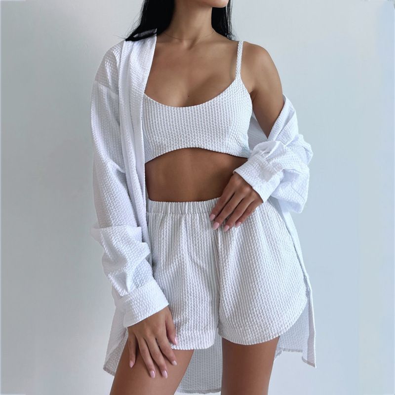 Ensemble chemise à manches longues pour femmes, couleur unie, short licou, à la mode_voghion.com