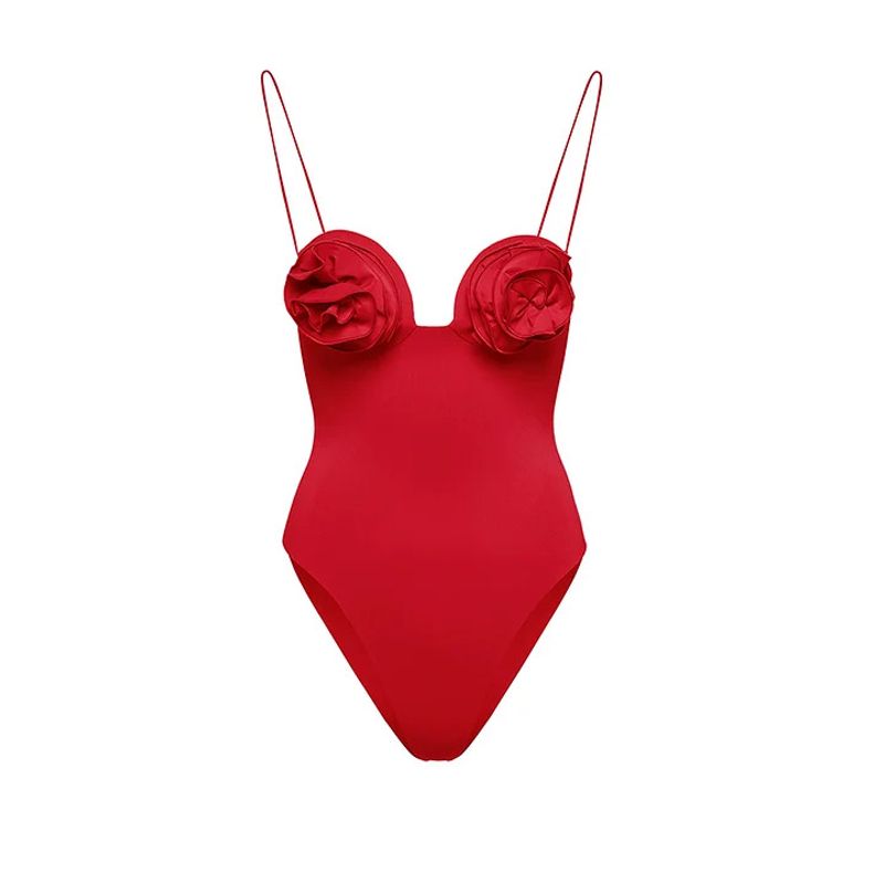 Décoration florale tridimensionnelle pour femmes, maillot de bain une pièce sexy et pantalon ajouré de couleur unie_voghion.com