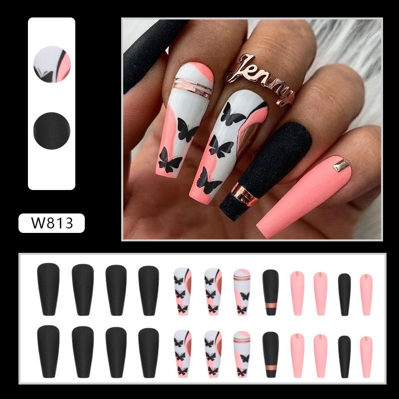 False Nails Long Ballet Frosted Black Butterfly Nail Art Sweet Cool Textured Nail Finished Wearable Nail_voghion.com