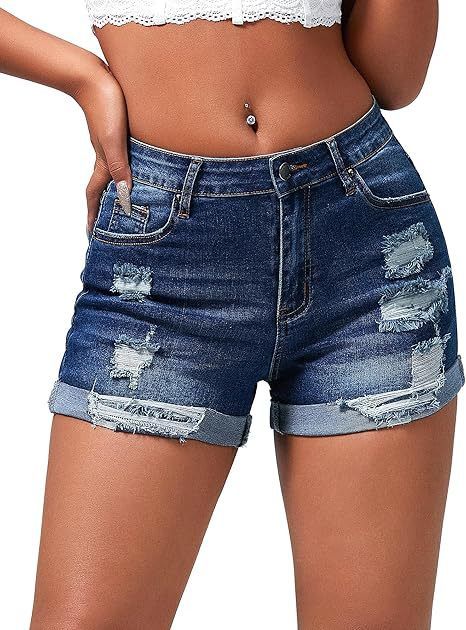 Vêtements pour femmes Été Nouveau short en jean élastique taille moyenne avec ourlet déchiré_voghion.com