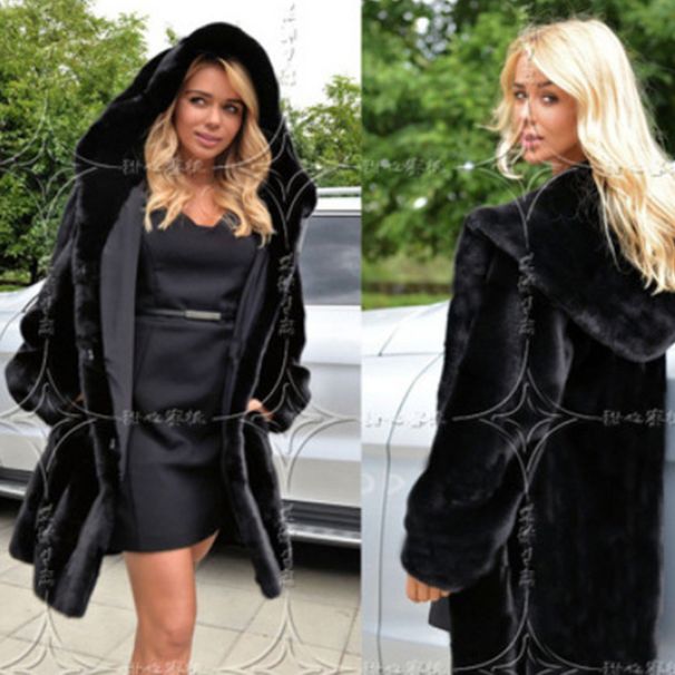 Women's imitation rabbit hair with hat imitation fur coat plush medium long_voghion.com