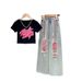 New 3D spray painted graffiti short sleeved colorful denim distressed set for girls in summer, children's stylish wide_voghion.com