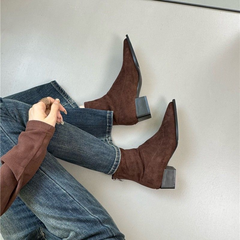 Korean Pointed Short For Women, 2024 Autumn And Winter Women's Internet Famous Thick Heel Suede Slim Boots, Niche Design_voghion.com