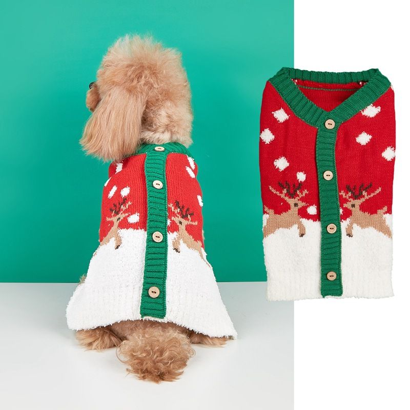 Christmas Pet Clothes Knitted Christmas Classic Red and Green Double Deer Snow Snowflake Cardigan Button Bichon Poodle Sweater_voghion.com