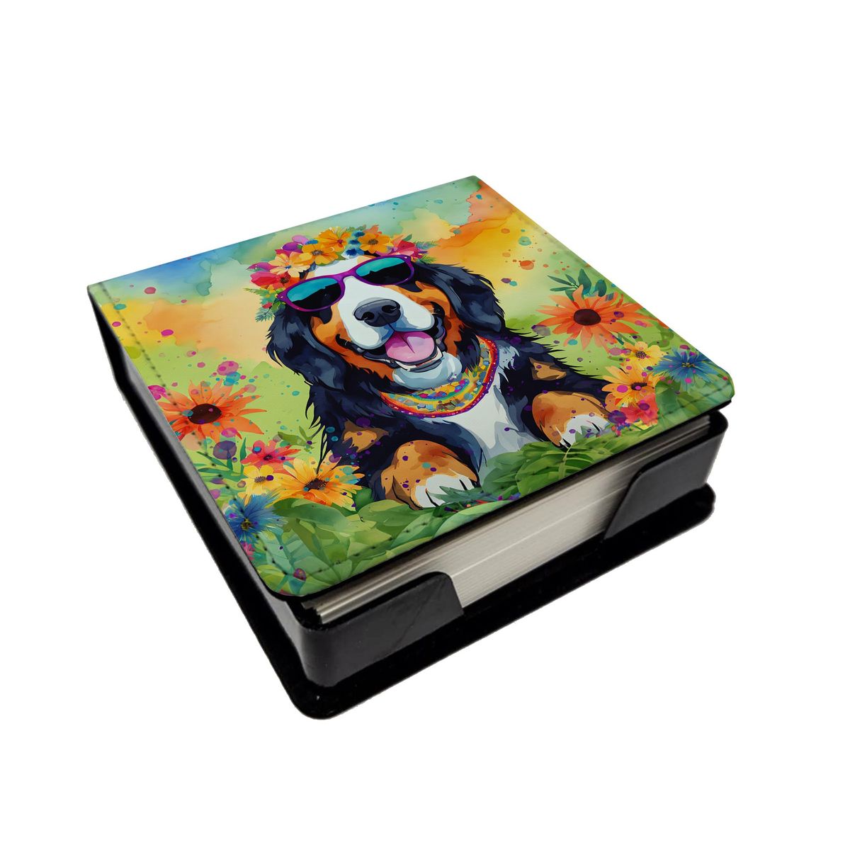 Bernese Mountain Dog Hippie Dawg PU Leather Note Paper Holder With Artist-Designed Cover, Desk Accessory, Office Gift_voghion.com