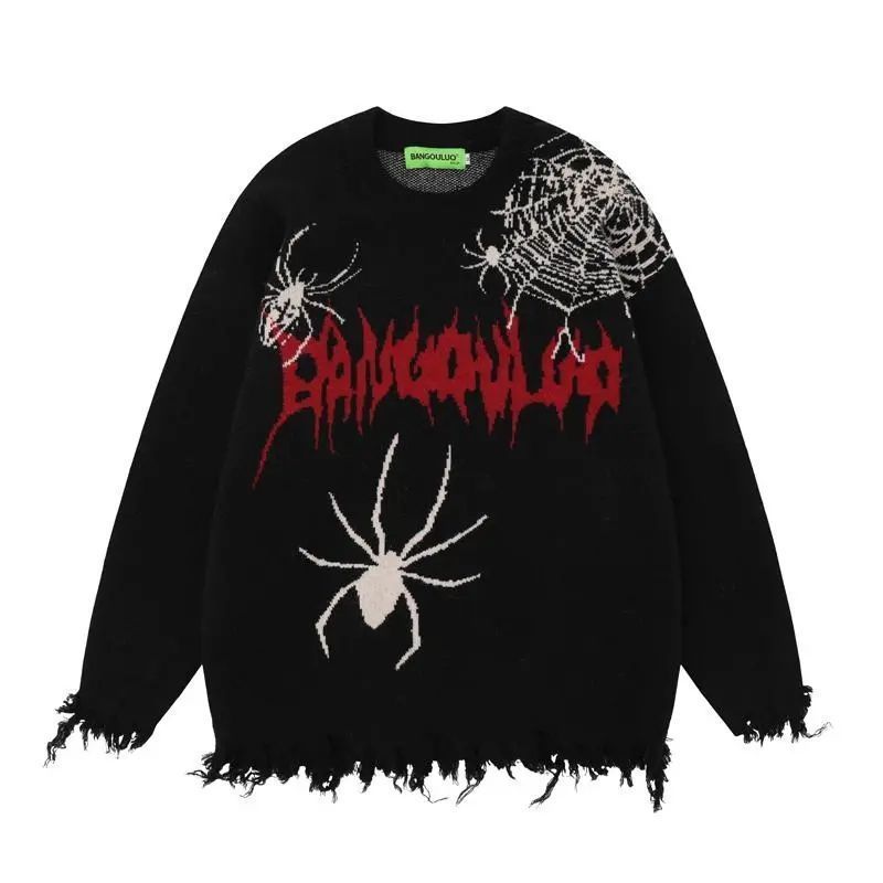 Maglione girocollo da uomo e da donna in stile college, stile street hip-hop, con motivo ragno invecchiato, per adolescenti e giovani adulti_voghion.com