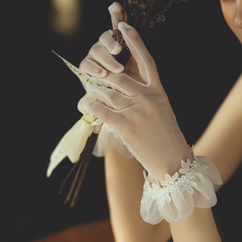 Unisex Wedding gloves White short satin lace bridal wedding dress dinner accessory_voghion.com