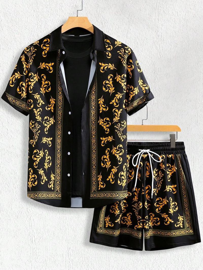 Men's Clothing Hot Selling Summer Shirt Shorts Suit Beach Vacation Gold Luxury Pattern 3D Digital Printing_voghion.com
