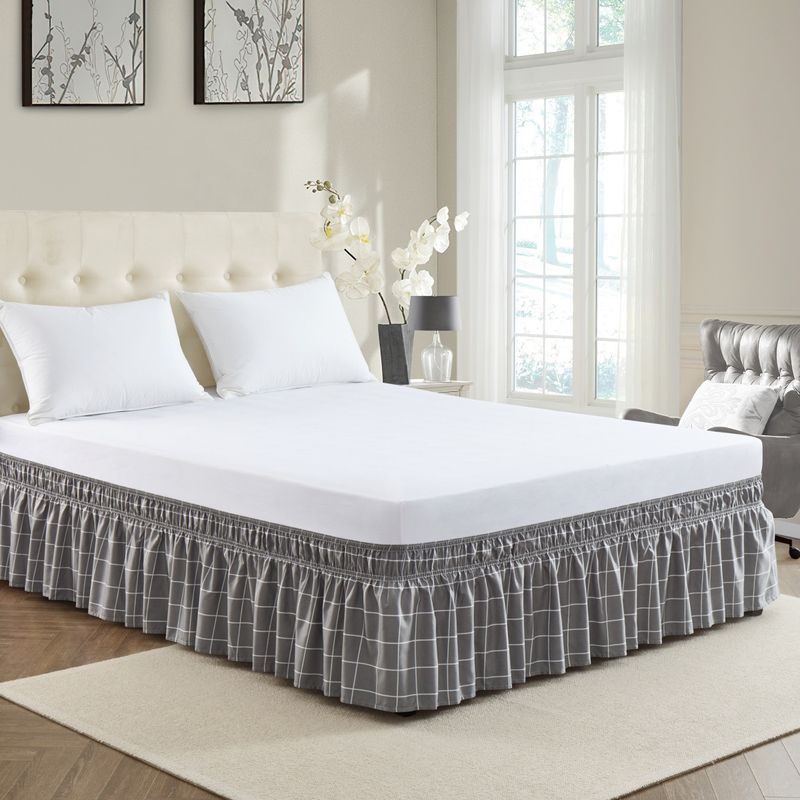 Gonna da letto scozzese grigia e bianca, pezzo unico, grembiule da letto plissettato elastico, gonna da comodino in lino per hotel_voghion.com