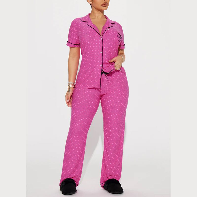 Women's Clothing Home Comfortable Printed Front Open Lapel Short Sleeved Trousers Suit_voghion.com