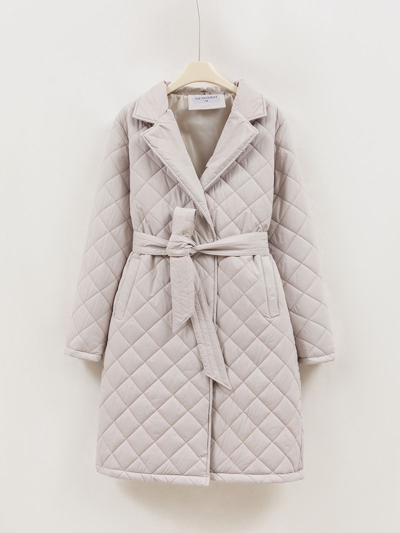 Casaco longo feminino leve com cinto amarrado, moda inverno, jaqueta acolchoada slim fit com bolsos_voghion.com
