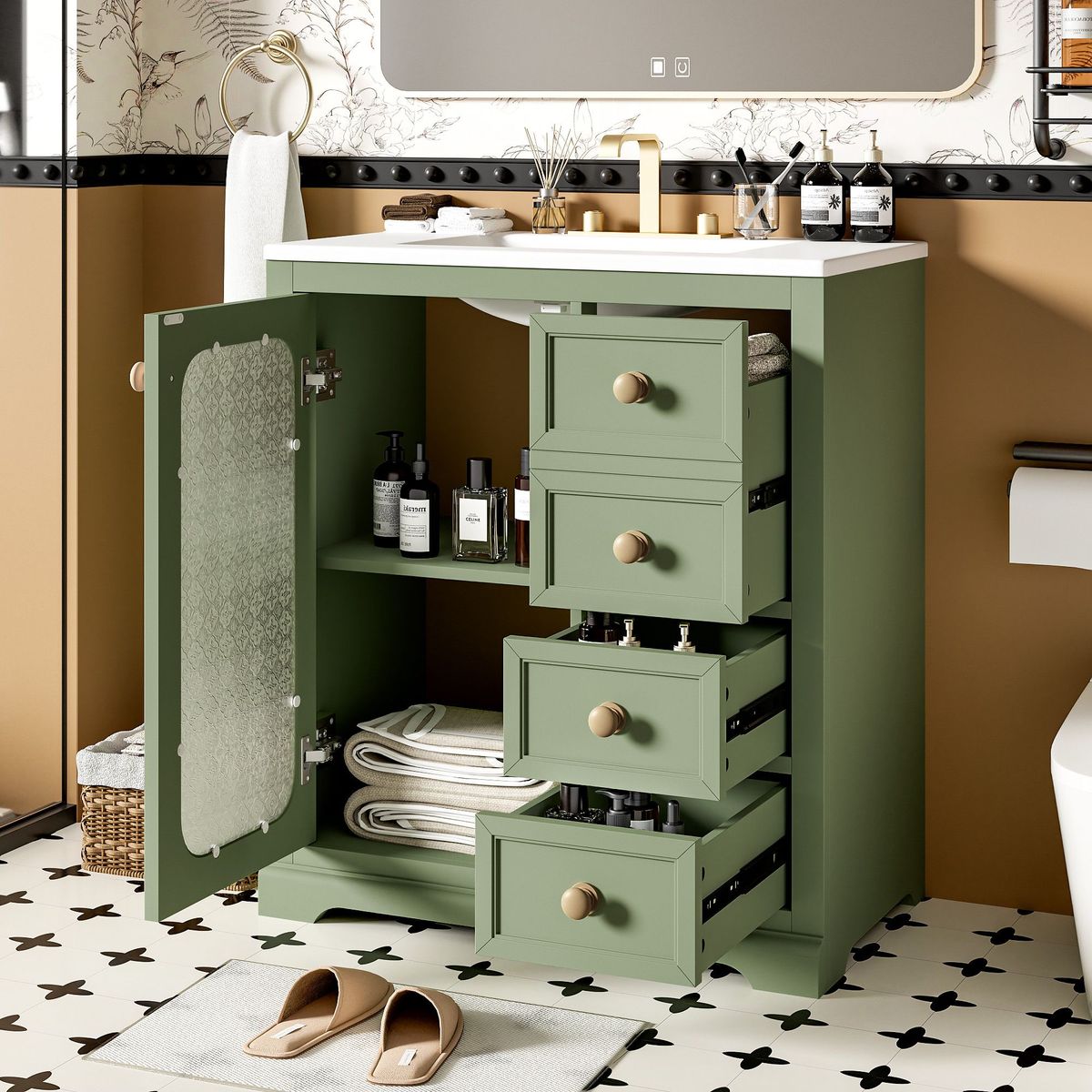 30-inch Bathroom Vanity With A Soft Close Gass Door, Adjustable Shelves, And 3 Drawers_voghion.com