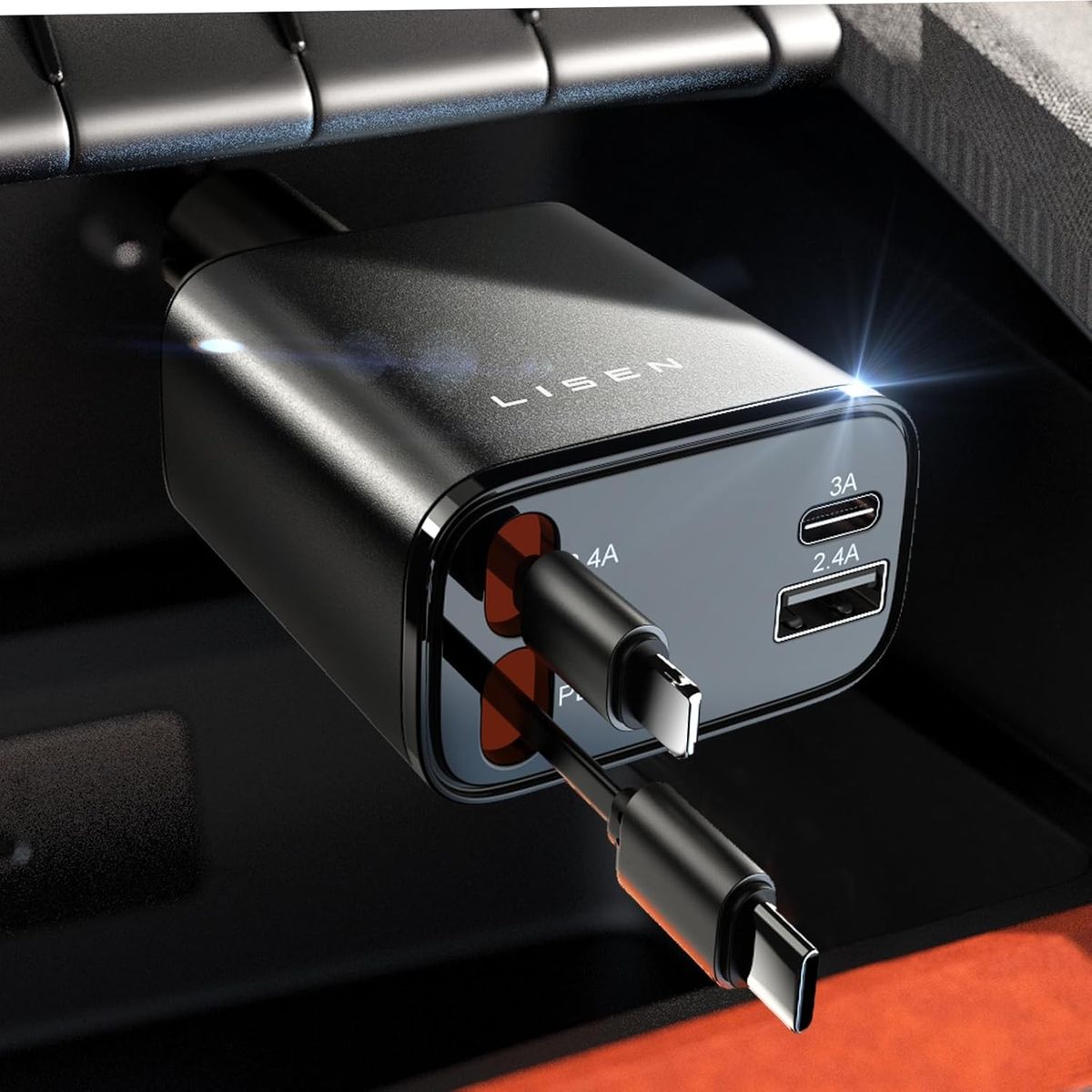 Cargador universal para coche con pantalla digital y dos cables retráctiles - Carga rápida QC3.0 de 4 puertos, puertos USB C/A de 69 W para iPhone_voghion.com