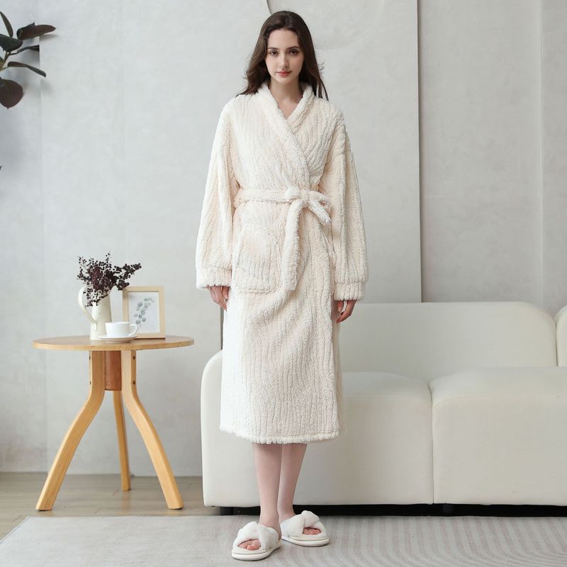 Women's Winter new comfortable cotton velvet long sleeve bark pattern jacquard nightgown thick warm long bathrobe home clothes_voghion.com