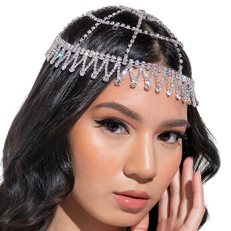 shiny headdress jewelry fashion personality rhinestone tassel forehead hair chain bride accessories headdress_voghion.com