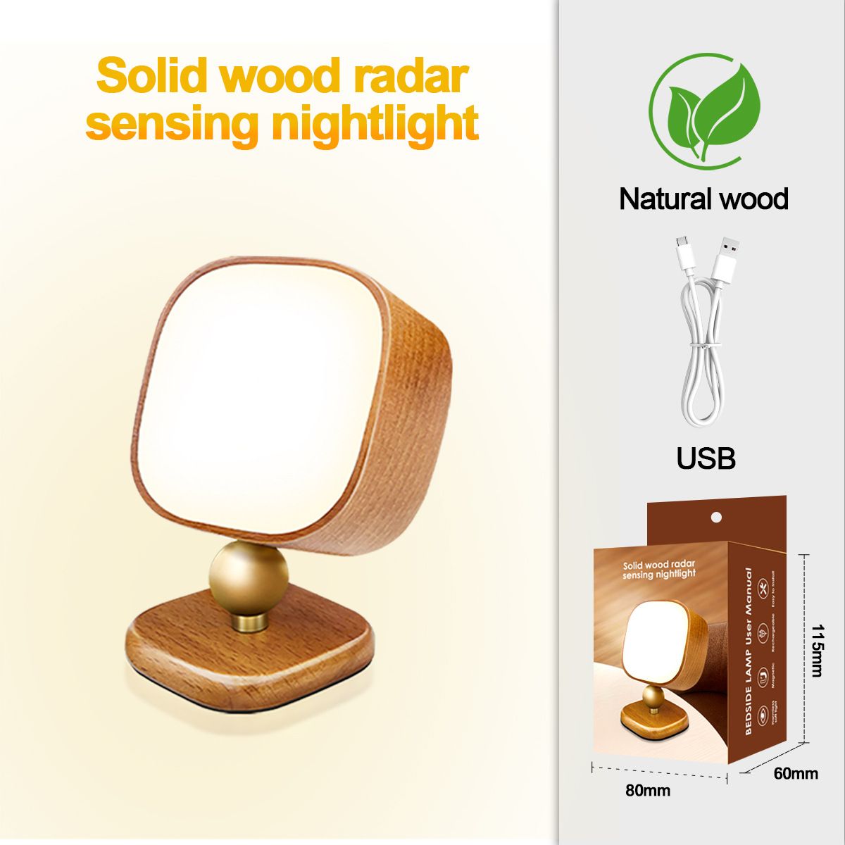 Vierkant houten nachtlampje met bewegingssensor - Slimme oplaadbare LED-bedlamp met radardetectie en automatische dimfunctie voor slaapkamers_voghion.com