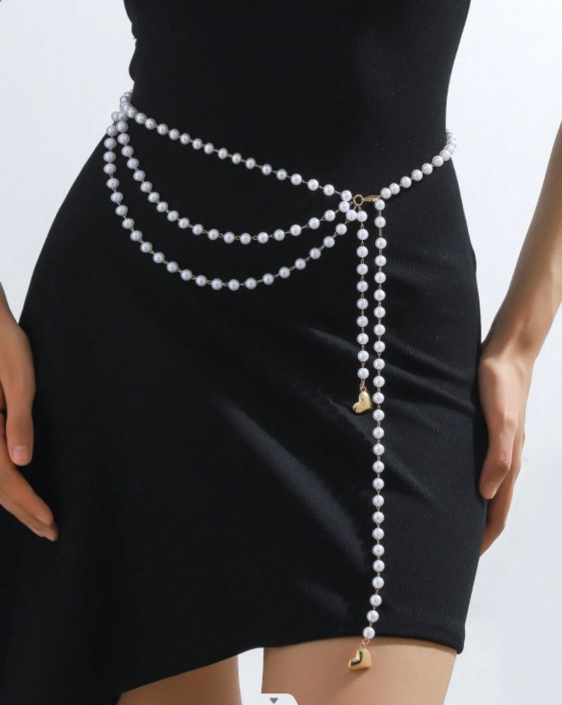 Alloy heart pendant pendant pearl chain wave tassel waist chain waist ornament 105CM one piece_voghion.com