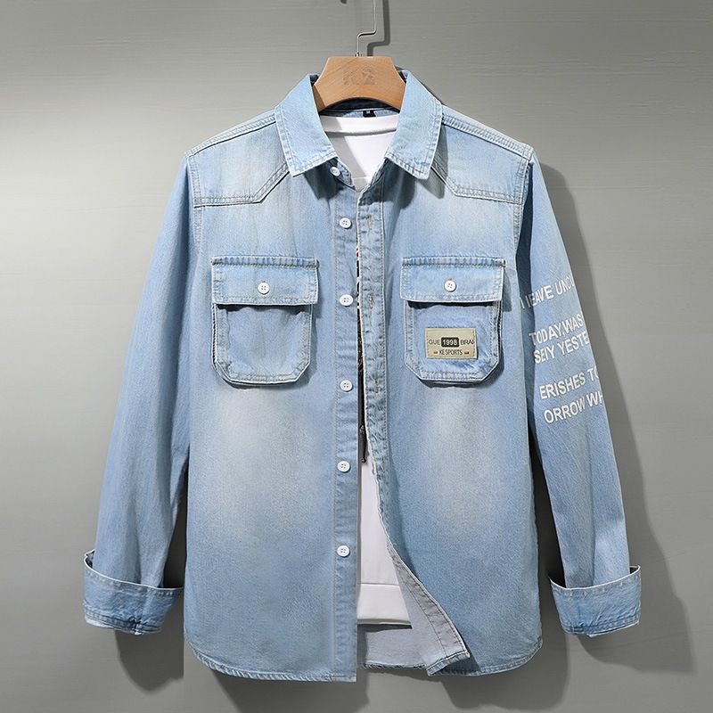 Amerikaanse stijl werkkleding met meerdere zakken, denim overhemd met lange mouwen, casual overhemdjack, losse en trendy Japanse retro-top voor heren_voghion.com