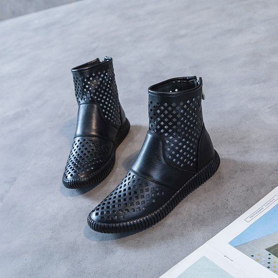 Auffällige Füße Kleine High Top Coole Stiefel Neue Loch Flache Unterseite Hohle Schuhe Echtes Leder Sandalen Für Damen Sommer_voghion.com
