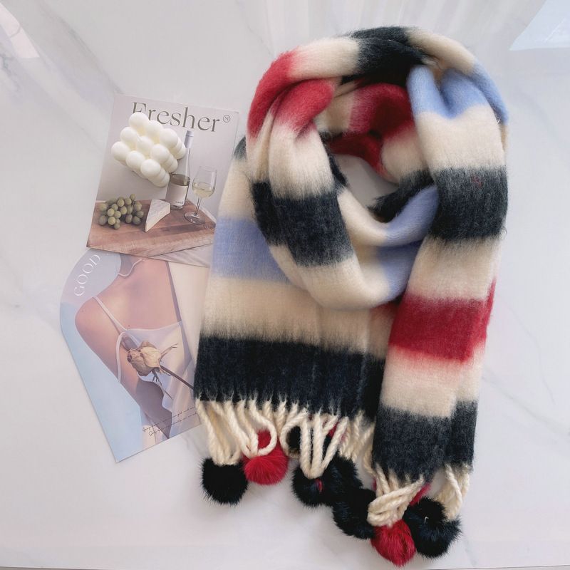 Sciarpa a forma di palla di pelo di coniglio arcobaleno Dopamine da donna, edizione coreana, scialle a righe invernali, collo versatile colorato, nuovo_voghion.com