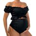 Damenbekleidung Lockerer, bauchbedeckender, geteilter Badeanzug, einfarbig, schulterfrei, kurzärmelig, Tube-Top, zweiteiliger Bikini_voghion.com
