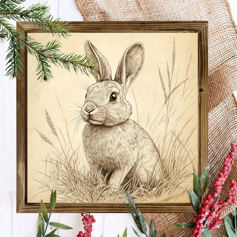 Vintage houten konijnenbord "8x8" - Rustieke boerderijdecoratie voor Pasen met gedetailleerde schetsen. Matte afwerking, herbruikbaar voor thuis/op kantoor. Perfect cadeau voor de feestdagen._voghion.com
