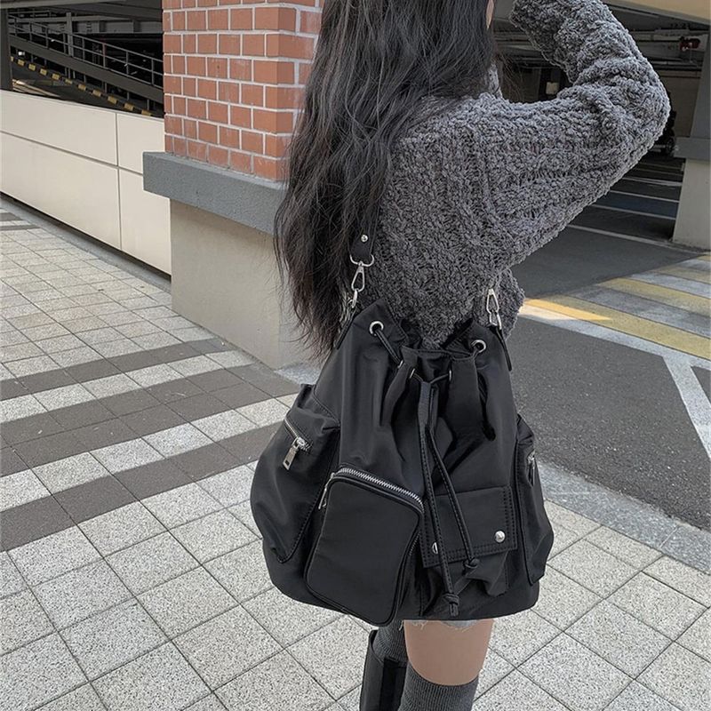 2025 Spring And Summer New Nylon Cloth Waterproof Korean Sweet Cool Multi-pocket Zipper Drawstring Single Shoulder Double Crossbody Bag Fashionable_voghion.com