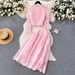 Women's Clothing short round neck puff sleeve lace top high waist wide swing skirt women autumn two piece suit_voghion.com